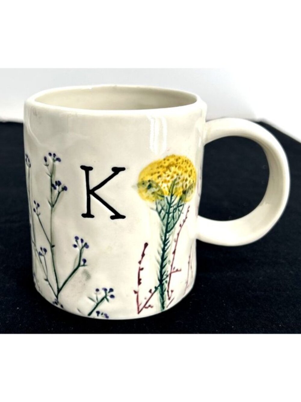 Anthropologie Dagny Mug Cup Handcrafted K Monogram Botanical Stoneware 3.75"